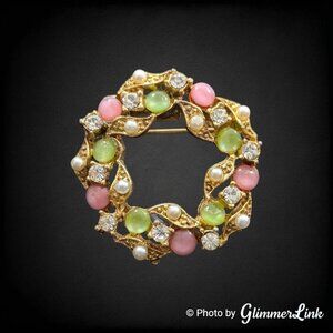 Vintage Pastel Multicolor Moonglow Cabs Faux Pearl Rhinestone Wreath Brooch Pin
